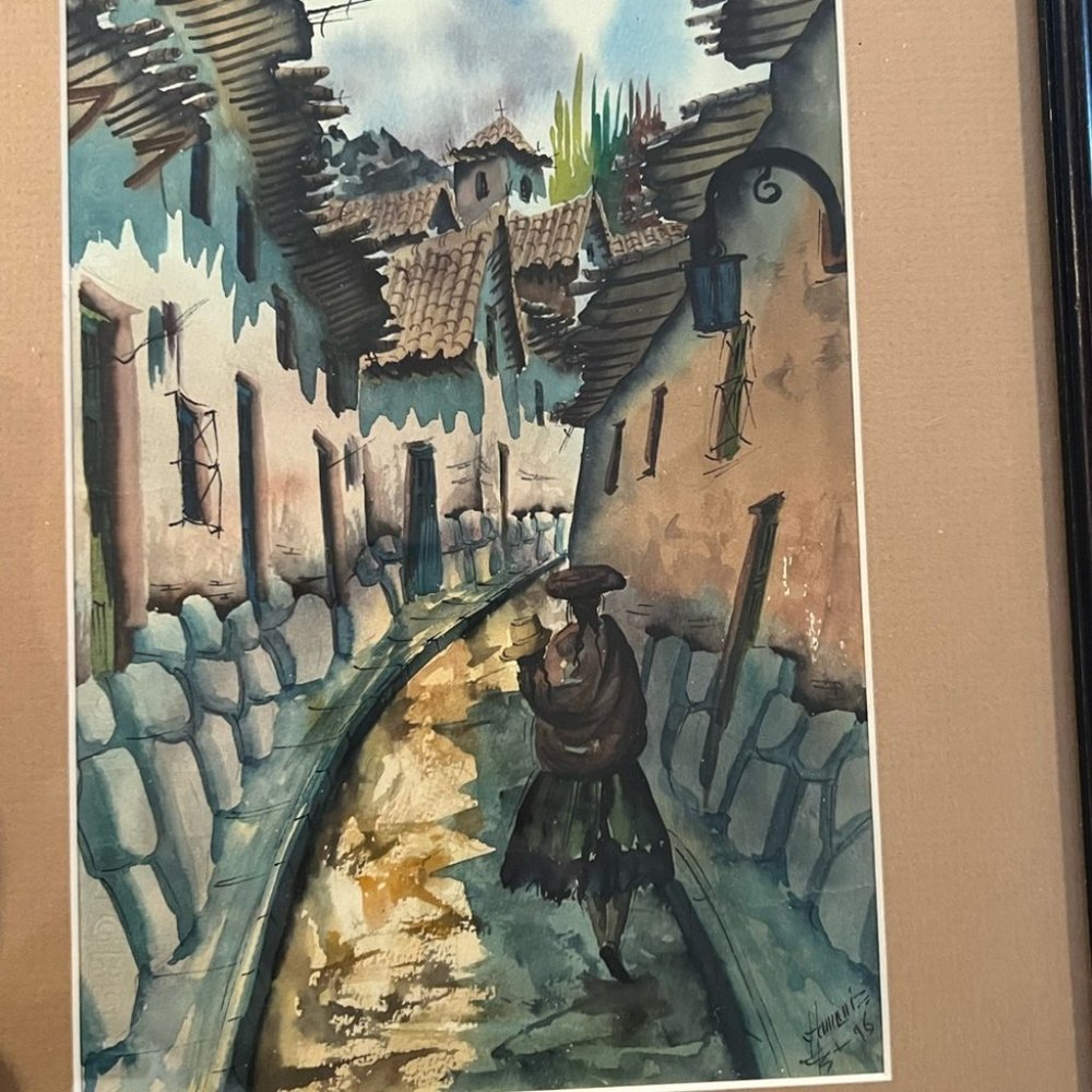 Watercolor Village Street Wall Art Print in Blue and Brown